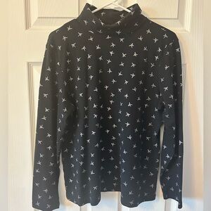 Karen Scott Black Turtleneck with Silver Bird Pattern